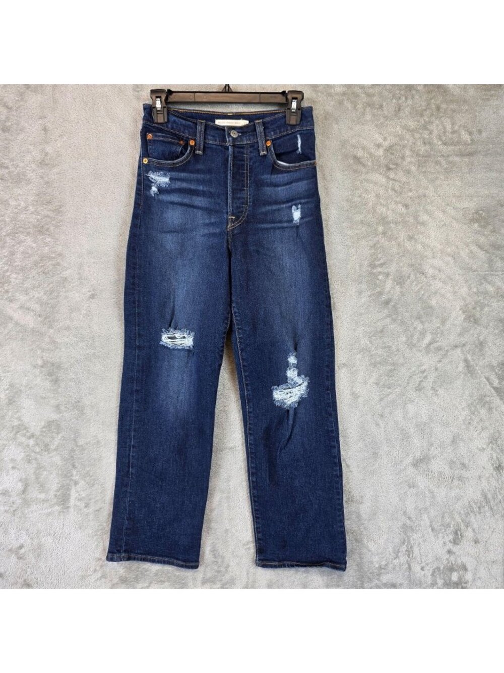 Levis Ribcage Straight Ankle Jeans Womens 25 Blue Dark Wash High Rise Distressed